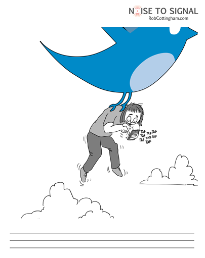 Cartoon of someone texting on their phone while being carried away by the Twitter bird