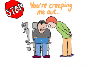 (Someone peering over a passenger's shoulder at their laptop)